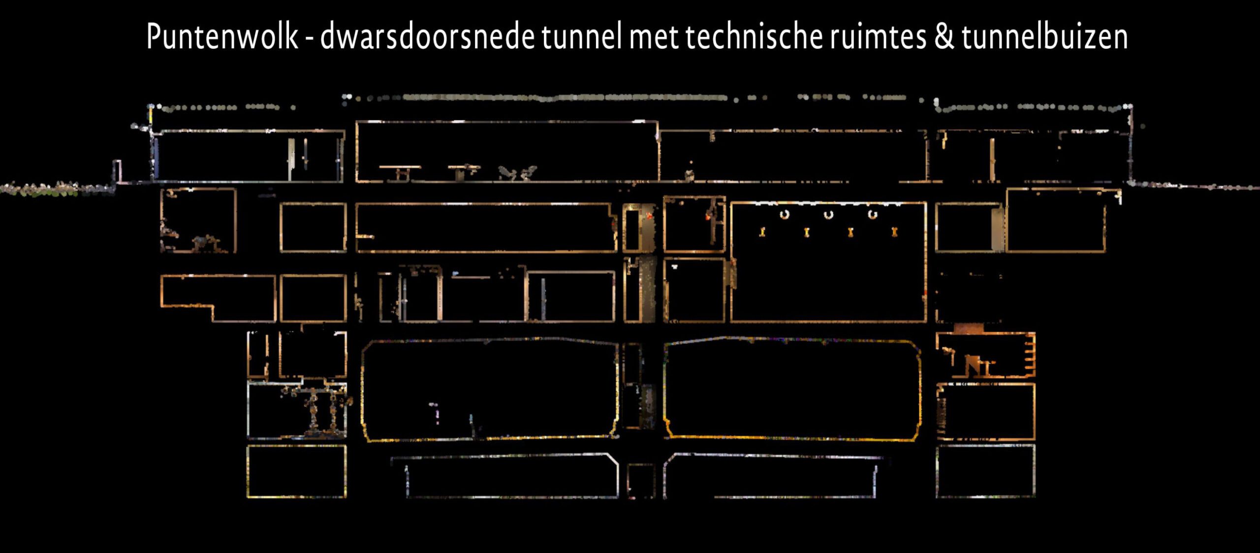 Puntenwolk dwarsdoorsnede tunnel met technische ruimtes & tunnelbuizen